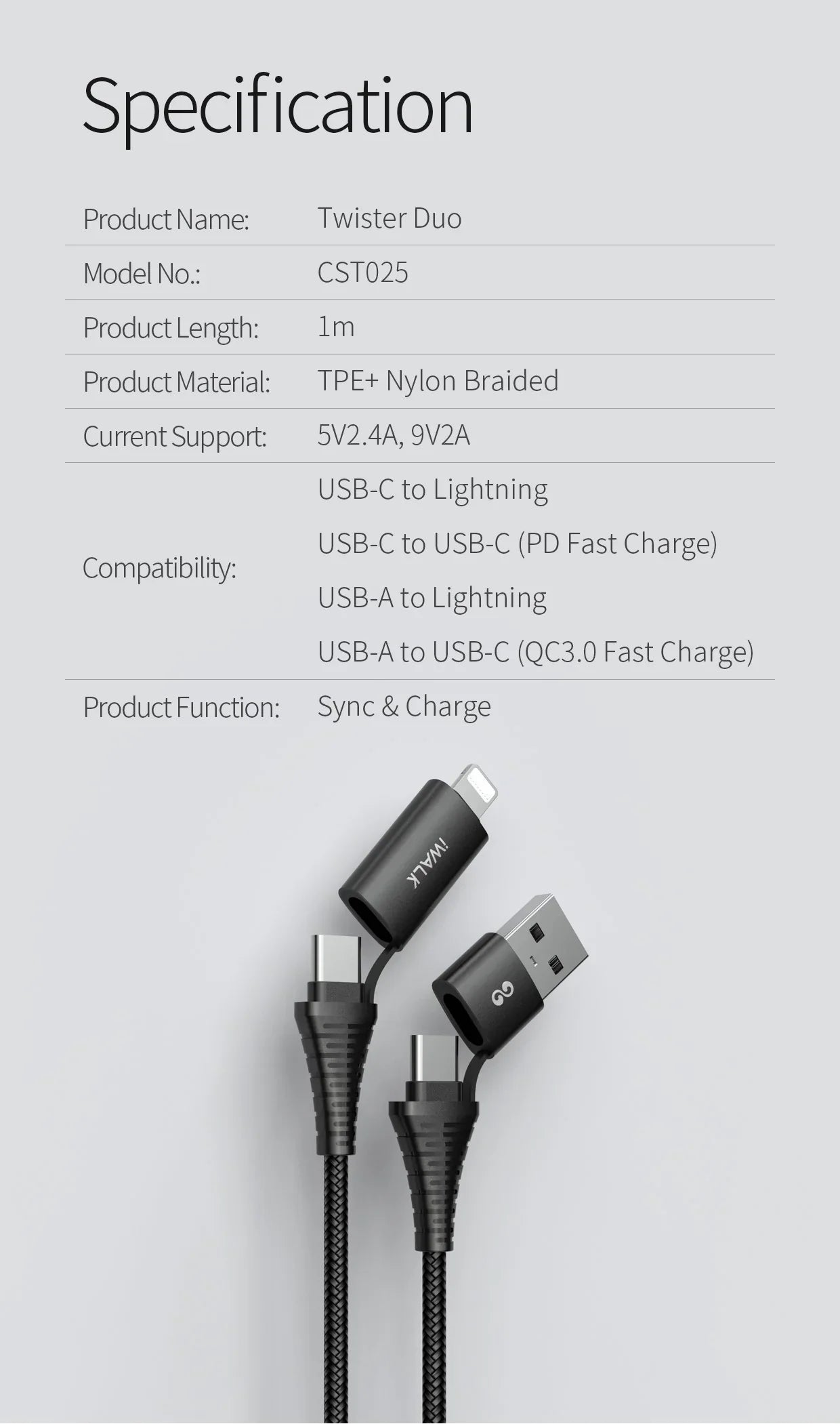 iWalk 60W 4in1 Twister Duo Cable 1M Cable - Black - Tashqila iWalk 60W 4in1 Twister Duo Cable 1M Cable - Black - Tashqila